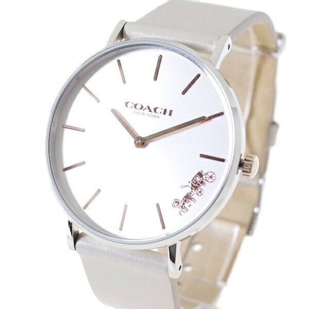 New Coach Perry quartz Watch with a silver-tone dial and a Beige leather strap
